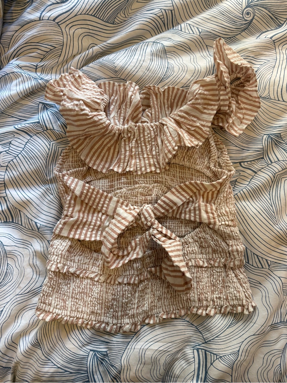 Anthropologie Beige and White Striped Ruffle Tie-Front Camisole